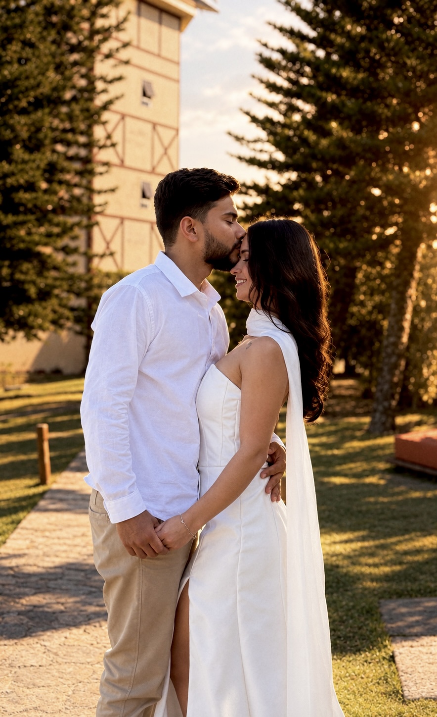 Diane e Nilton abraçados em um jardim ao entardecer