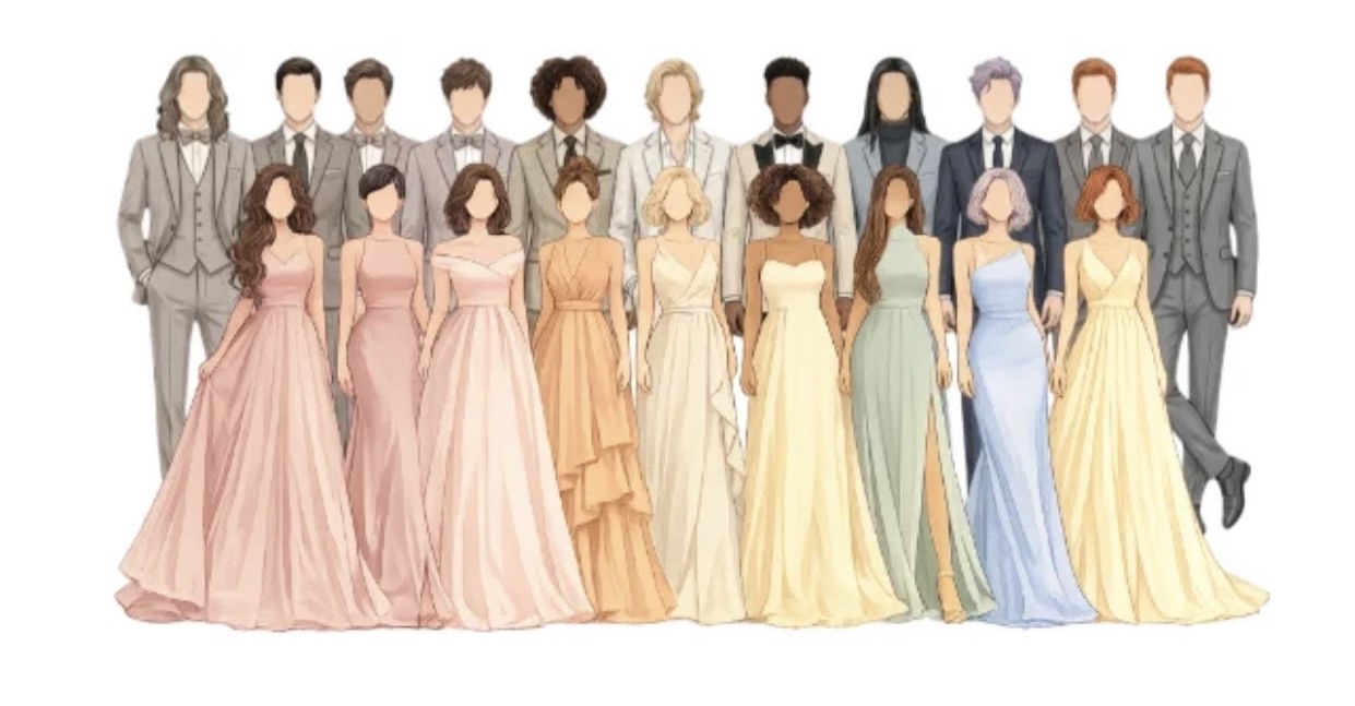 Ilustração de convidados com trajes finos em tons suaves